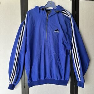 Adidas Jacket Men's Medium Blue Embroidered Zip Hoodie Windbreaker 90s VTG Nylon